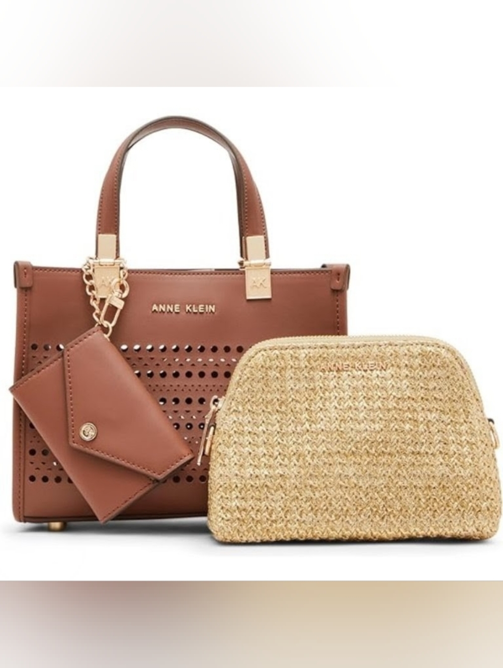 Anne Klein Brown Perforated Mini Satchel with Straw Cosmetic Pouch And Card Case
